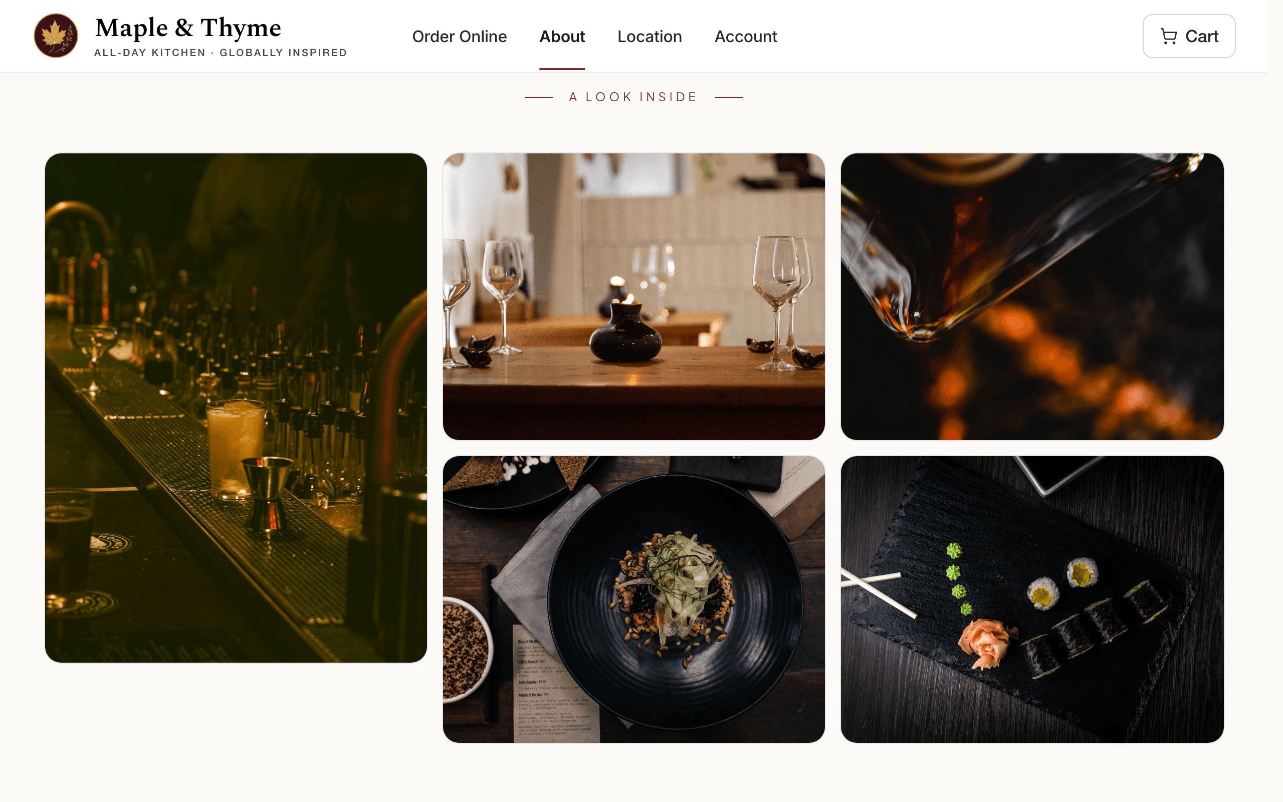 The About page: a photo gallery of the room and the food