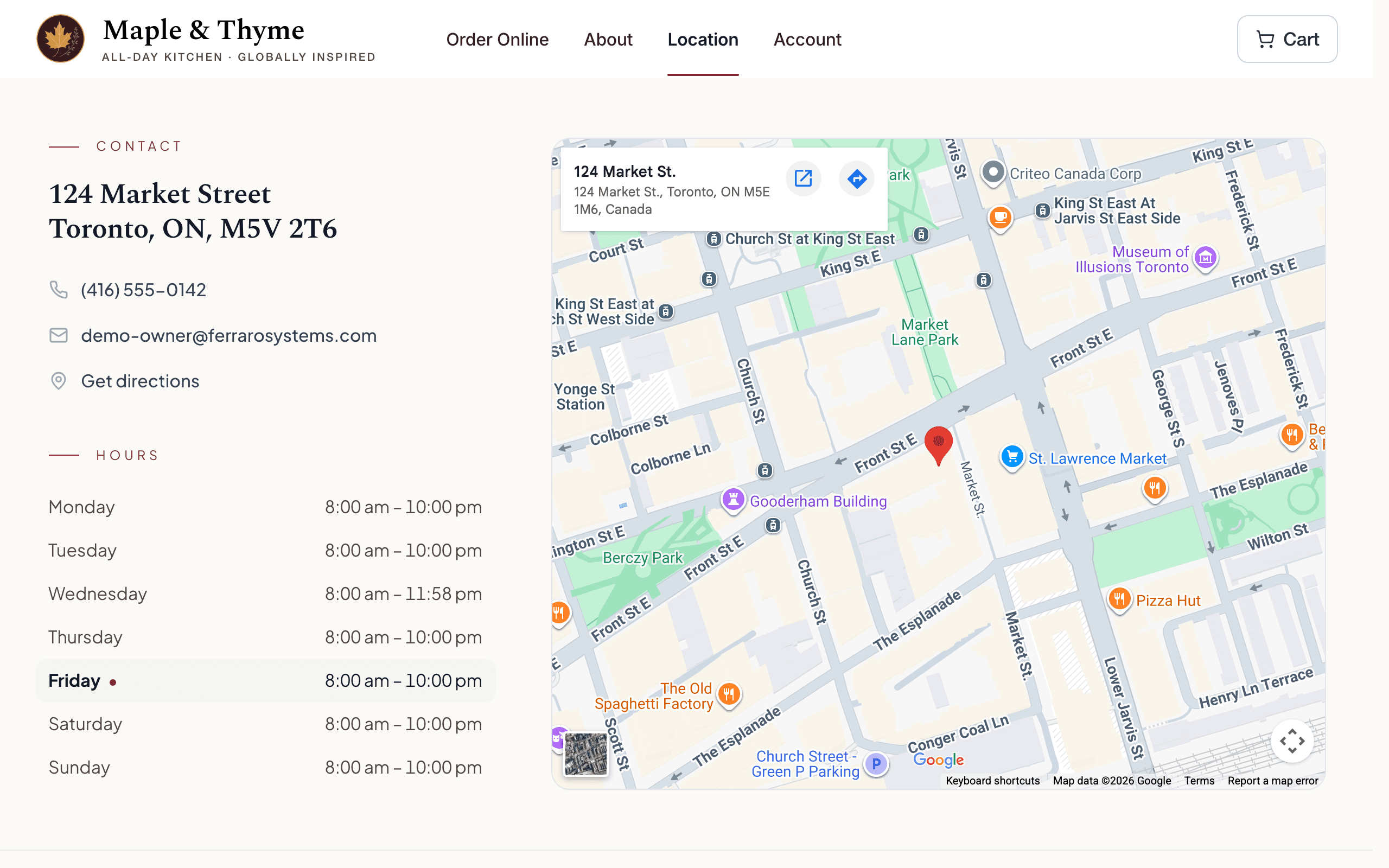The Location page: address, hours and a map